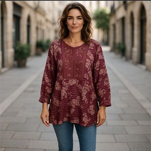 American Vintage Purple Floral/Stripes Lace Long Sleeve Blouse